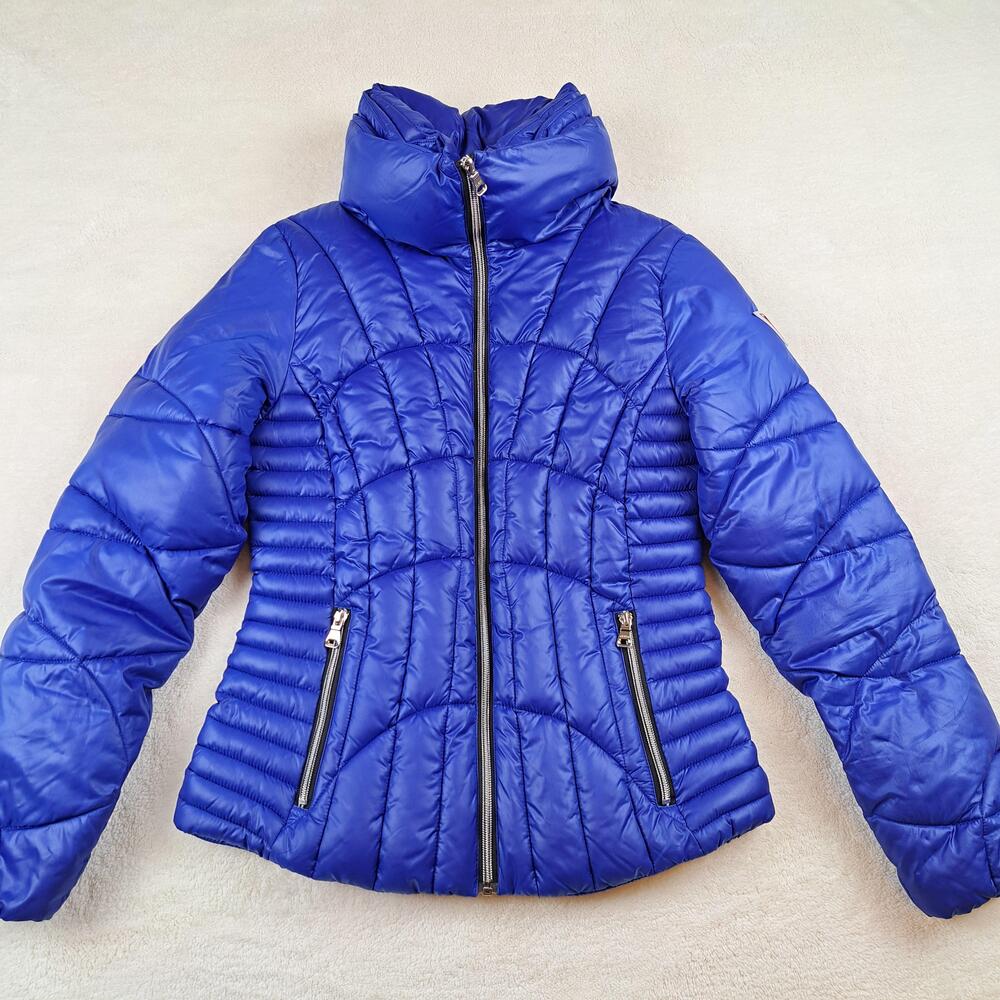 Guess Jacket Womens XS Blue Quilted Puffer Zip Front Funnel Neck Winter Coat